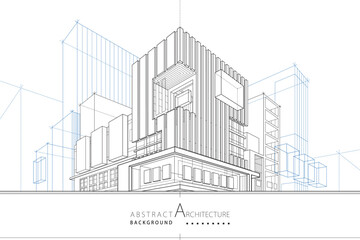 Aufkleber - 3D illustration abstract urban building out-line drawing of imagination architecture building construction design.