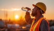 © Selvi - Construction worker drinking water at sunset