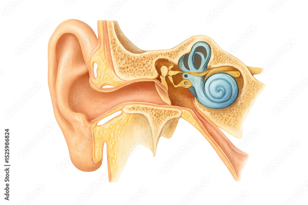 Detailed medical illustration of the human ear anatomy, highlighting ...