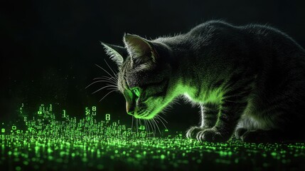 Poster - Cyber feline fixated on green binary pattern in futuristic digital environment