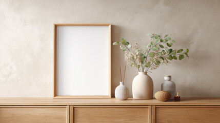 Aufkleber - Frame for photo mockup with blank wooden frame on wooden cabinet decorated with ceramic vase, dried plant, and candle in calm minimalist interior setting