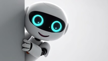 A friendly robot peeking out from behind a wall with glowing blue eyes and a smile.