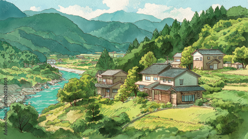 清らかな川と山の稜線に抱かれた日本の里山の風景｜古き良き日本の