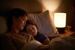 © sogap - Nighttime Serenity Mother and Daughter Sleeping Soundly under the Gentle Glow of a Bedside Lamp a Peaceful Moment