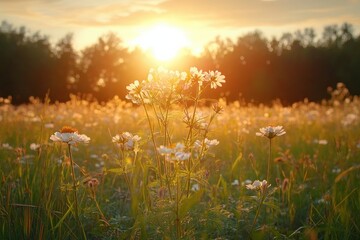 Wall Mural - Wildflowers glowing in warm golden sunlight during a serene sunset in a meadow with trees silhouetted in background