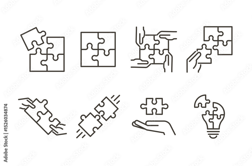 Puzzle and teamwork icon set. Thin line editable stroke icons for ...