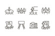 © Pedro - Meeting collaboration icon set. Thin line editable stroke icons for workshops, brainstorming, remote conferencing, team discussions, strategy planning, and business presentations