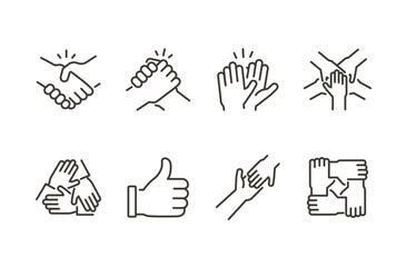 Wall Mural - Handshake unity icon set. Thin line editable stroke icons for collaboration, support, agreement, teamwork, empathy, solidarity, and mutual help and partnership