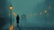 © 楠 刘 - A close-up illustration of a detective man walking alone on a cobblestone street shrouded in mist, creating a mysterious, suspenseful, retro black movie atmosphere and classic detective story emotions