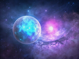 earth and moon, luminous orb pulsing in grainy space