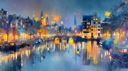 Wall Mural - Moonlit canal with city lights reflected in water, abstract watercolor style, cool blue tones, impressionistic urban night scene 
