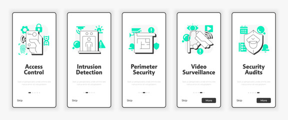 Wall Mural - components of physical security systems mobile onboarding screen. prevention intrusion ux ui illustr