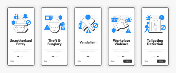 Wall Mural - physical security threats and risks mobile onboarding screen. detecting potential dangers ux ui illu