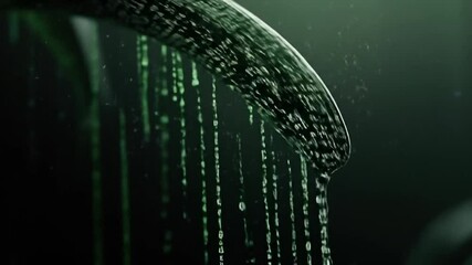 Digital code cascade flows down a dark surface.  Green binary code streams down, creating a dynamic visual effect against a dark background.  Particles and light illuminate the scene