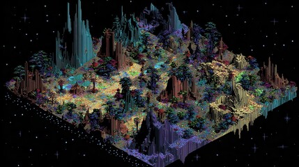 A pixelated landscape in a three-dimensional perspective.