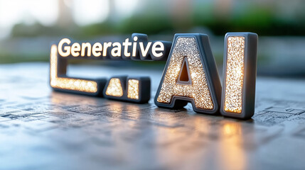 Illuminated Generative AI text glowing on a futuristic circuit board.