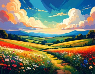 abstract summer illustration with a field of flowers and the sky, dramatic landscape