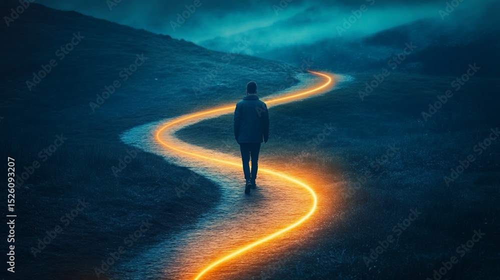 Man walks on a glowing path through a dark landscape illuminated by the ...