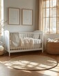 © btiger - Bright and cozy nursery with white crib, soft blankets, woven baskets, neutral decor, and sunlight streaming through wooden blinds