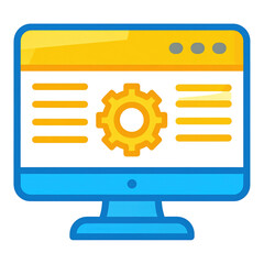 flat design illustration of a computer monitor displaying a web page with a central gear icon, symbo