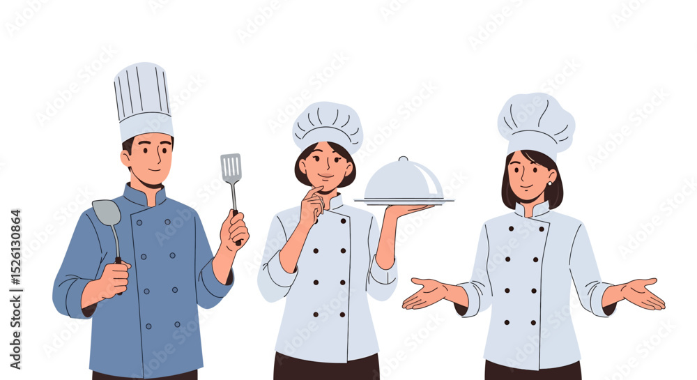 Set of Flat vector illustration of three cheerful chefs in classic ...