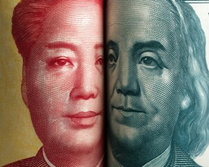 Aufkleber - Close-up of American Dollar and Chinese Yuan Banknotes Overlapping Symbolizing Trade Tariffs and International Currency Market Competition