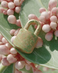 Leinwandbilder - Eco-Tech Cybersecurity Concept Featuring Digital Circuit Padlock on Leaf with Natural Pink Buds - Sustainable Innovation in Data Protection