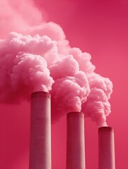 Leinwandbilder - Industrial Pollution Emissions with Dense Smoke Plumes from Concrete Factory Chimneys under Vibrant Red Sky - Environmental Impact and Climate Urgency