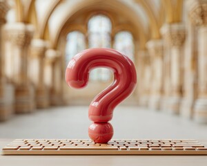 Fototapete - Large Red Question Mark on Keyboard Representing Digital Support and Customer Inquiries in Modern Tech Workspace with Focus on Problem Solving
