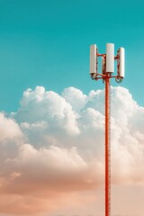 Poster - Mobile Phone Tower with Large Antennas Against Blue Sky and Clouds, Symbolizing Wireless Communication and Modern Network Connectivity