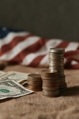 Aufkleber - Stacks of Coins Growing with Dollar Bills and American Flag in Background - Economic Growth and Tariff Trends in Modern Trade Analysis