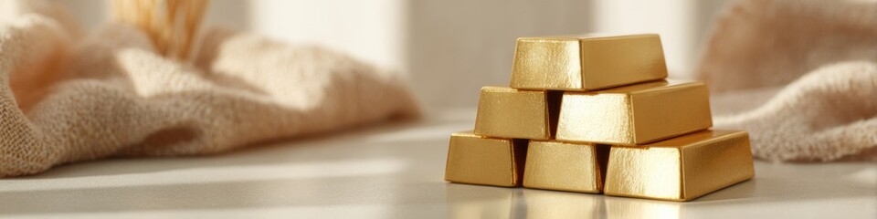 Poster - Tangible gold bars stacked in pyramid on reflective surface with warm natural light, illustrating wealth preservation and hard asset investment for stability