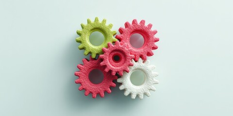 Poster - Strategic teamwork concept with colorful interlocking textured gears on white table symbolizing collaboration and business innovation for modern partnership success