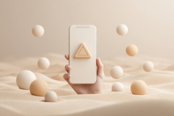 Fototapete - Minimalist Smartphone Warning Notification with Digital Security Elements in Soft Neutral Tones - Modern Cybersecurity Awareness and Data Protection Focus