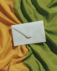Poster - Minimalist White Envelope on Vibrant Orange and Green Silk Fabric with Natural Light and Soft Shadows - Trendy Still Life Composition