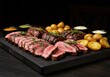 © Vooglo.com - Sliced steak with roasted potatoes and dipping sauces on a black serving board