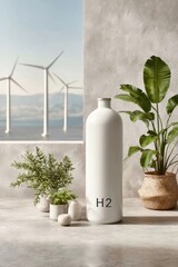 Leinwandbilder - Sustainable green hydrogen storage vessel with H2 symbol, natural textured environment and wind turbines backdrop for clean energy innovation