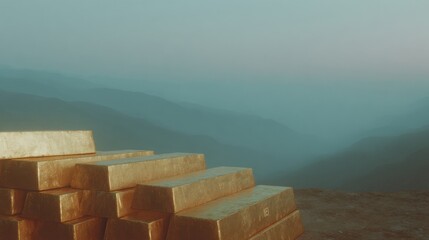 Poster - Stacked Gold Bars with Serial Numbers Reflecting Light in Misty Mountain Setting for Luxury Investment and Wealth Preservation Visuals
