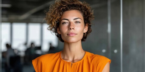 Aufkleber - Confident female founder in vibrant orange top stands in modern tech startup office with glass partitions, embodying visionary leadership and innovation culture
