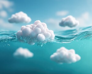 Poster - Abstract cloud computing icons floating above water surface, symbolizing digital infrastructure integration and future edge AI technology trends
