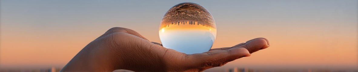 Aufkleber - Urban skyline reflected in transparent glass sphere on hand at sunset, symbolizing global investment, financial foresight, and market diversification trends
