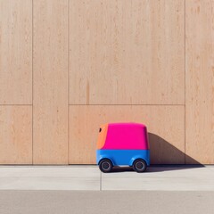 Poster - Compact Delivery Bot Against Wooden Wall Panels in Urban Minimalist Setting - Autonomous Logistics Innovation for Smart Cities and Discreet Service Robots