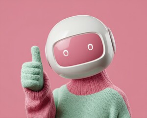 Leinwandbilder - Friendly Compact Companion Robot with Expressive Digital Face Giving Thumbs Up Gesture on Pink Background for Tech Marketing and Positive Human-Machine Interaction
