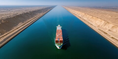 Fototapete - Massive cargo ship navigating narrow desert canal shipping route, vital international maritime trade corridor for global commerce and logistics