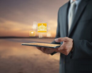 Poster - Business Professional Using Tablet with Interactive Government Icons and Capitol Building Hologram - Digital Governance and Civic Tech Innovation