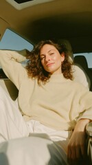 Aufkleber - Modern Woman Relaxing in Self-Driving Car Passenger Seat with Digital Interface Showing Navigation and Controls, Embracing Smart Lifestyle Freedom