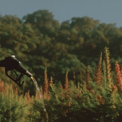 Aufkleber - Fuel Nozzle Dispensing Liquid in Natural Landscape with Greenery and Sunset Light - Sustainable Energy and Environmental Impact Concept