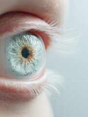 Poster - Futuristic Macro Eye Scan with Digital Grid Overlay and Data Streams for Advanced Biometric Identity Verification and Next-Gen Security Marketing