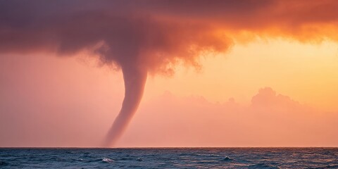 Poster - Dramatic waterspout tornado over choppy sea at sunset illustrating oceanic weather hazards for marine safety education and extreme navigation risks
