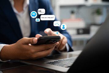 Aufkleber - Businessman uses AI chatbot on smartphone for digital communication and customer service. Smart virtual artificial intelligence assistant, Intelligent system in today business and daily life world.